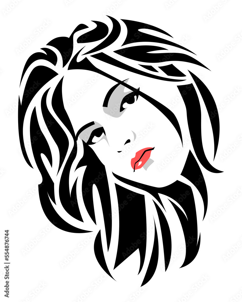 black and white portrait of a beautiful young woman with long hair ...