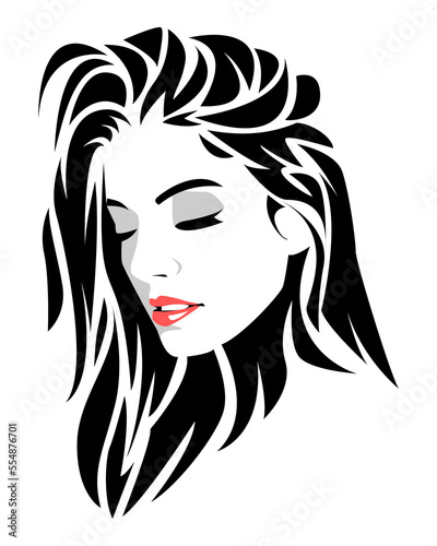 black and white portrait of a beautiful young woman with long hair, closing her eyes. side view. abstract hair. isolated white background. flat vector illustration.