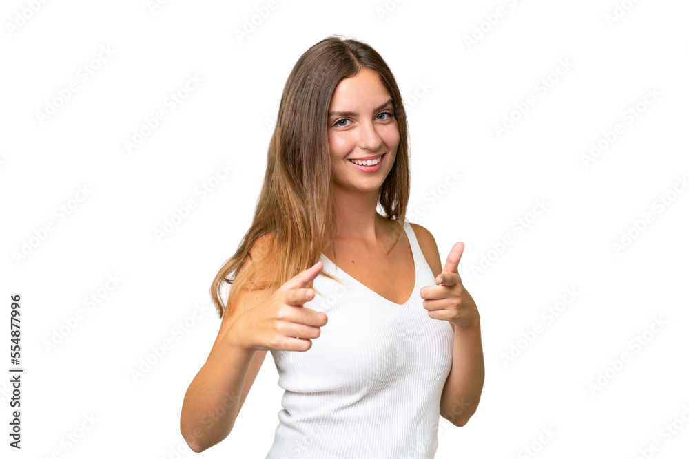 Young pretty woman over isolated background pointing to the front and smiling Young pretty woman over isolated background pointing to the front and smiling