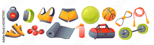 Fitness inventory, gym accessories. Sport equipment, dumbbells, fitness tracker, sports bag, sportswear, mat. Healthy lifestyle concept.