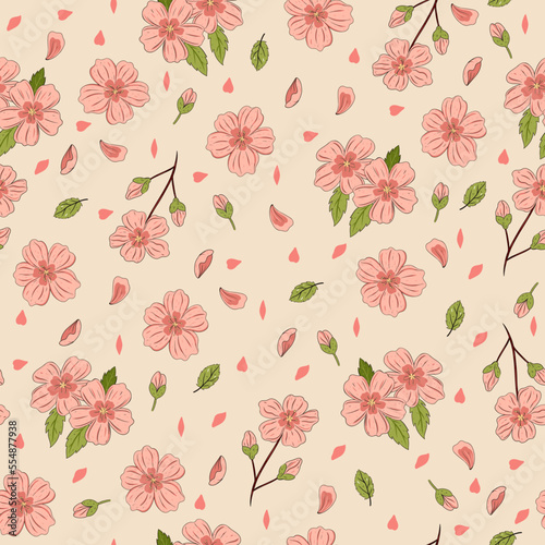 Seamless pattern with sakura flowers. Vector graphics.