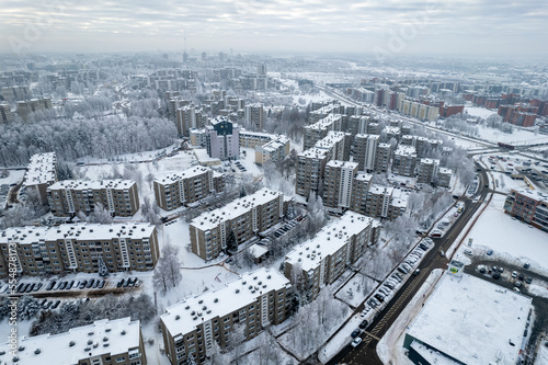 Aerial winter snowy day view of frozen Pasilaiciai district, Vilnius, Lithuania © Top Lithuania