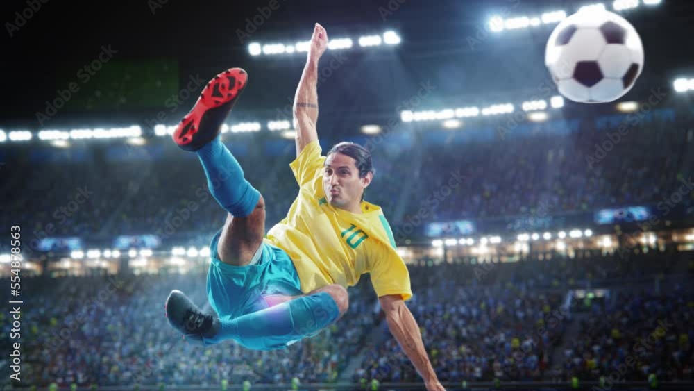 Football World Championship: Soccer Player Kick the Ball, Scoring Stunning Overhead Wondergoal. Full Stadium Crowd Cheers. Cinematic Super Slow Motion Captures Victory and Best Goal of the Tournament
