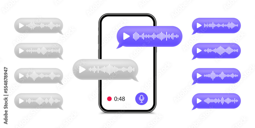 Voice message bubbles. Smartphone with voice messages. Voice notes. Mobile phone with voice chat. Record voice message for phone correspondence. Social media design. Vector illustration. Voice message bubbles. Smartphone with voice messages. Voice notes. Mobile phone with voice chat. Record voice message for phone correspondence. Social media design. Vector illustration.
