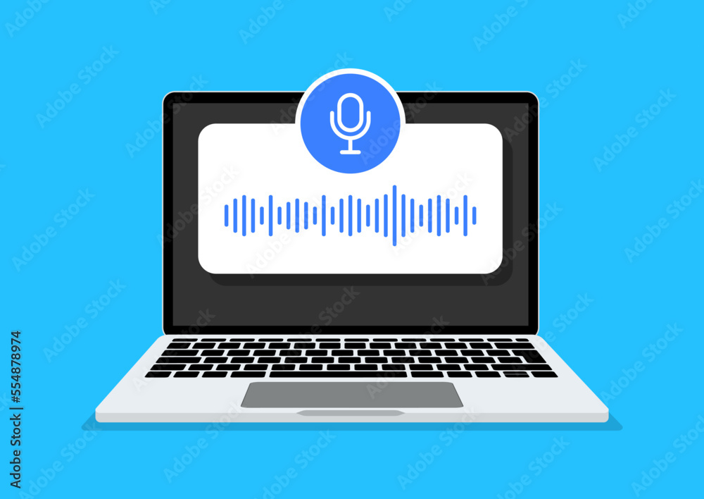 Voice message bubble on screen laptop. Voice note. Voice chat. Record voice message for correspondence. Social media design. Vector illustration. Voice message bubble on screen laptop. Voice note. Voice chat. Record voice message for correspondence. Social media design. Vector illustration.