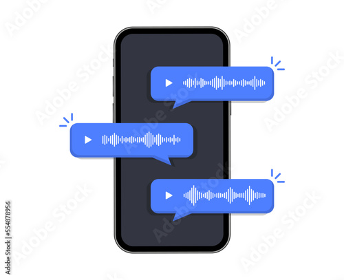 Voice message bubbles on screen smartphone. Voice notes. Mobile phone with voice chat. Record voice message for phone correspondence. Social media design. Vector illustration.