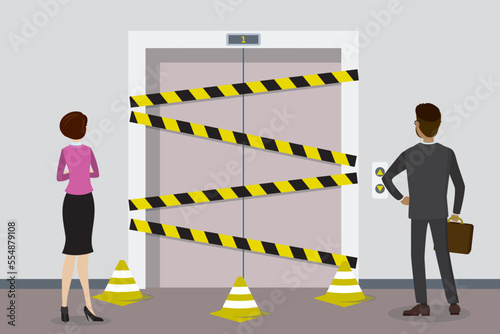 Elevator not working, business people standing in front of closed lift doors and warning tapes. Employees can not get to desired floor, elevator is under repair. Movement problems.