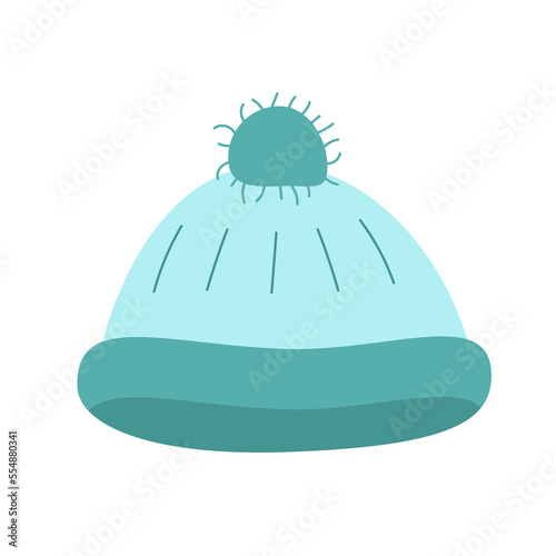 Warm knitted hat of mint blue color. Isolated image of an item of clothing on a white background in a vector