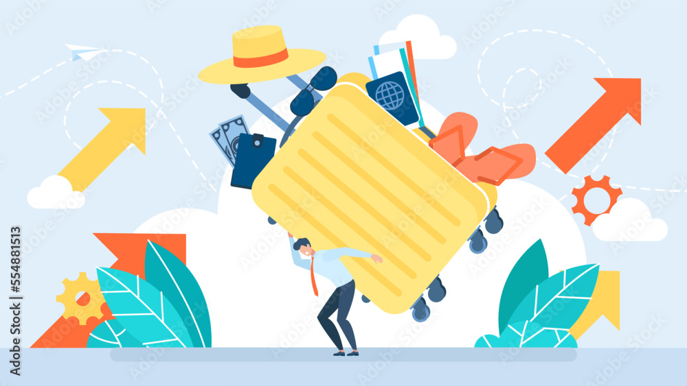 Person with baggage or luggage. A man carries heavy luggage. Slouching