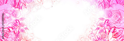 少女漫画キラキラ輝く星々とピンクの薔薇と花びらが舞うペン画カラーワイドサイズイラスト透過背景
