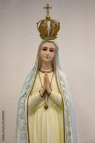 Our Lady of Fatima. Statue in the Queen of the Family Church on Teplická street in Bratislava, Slovakia. 2021/05/25.