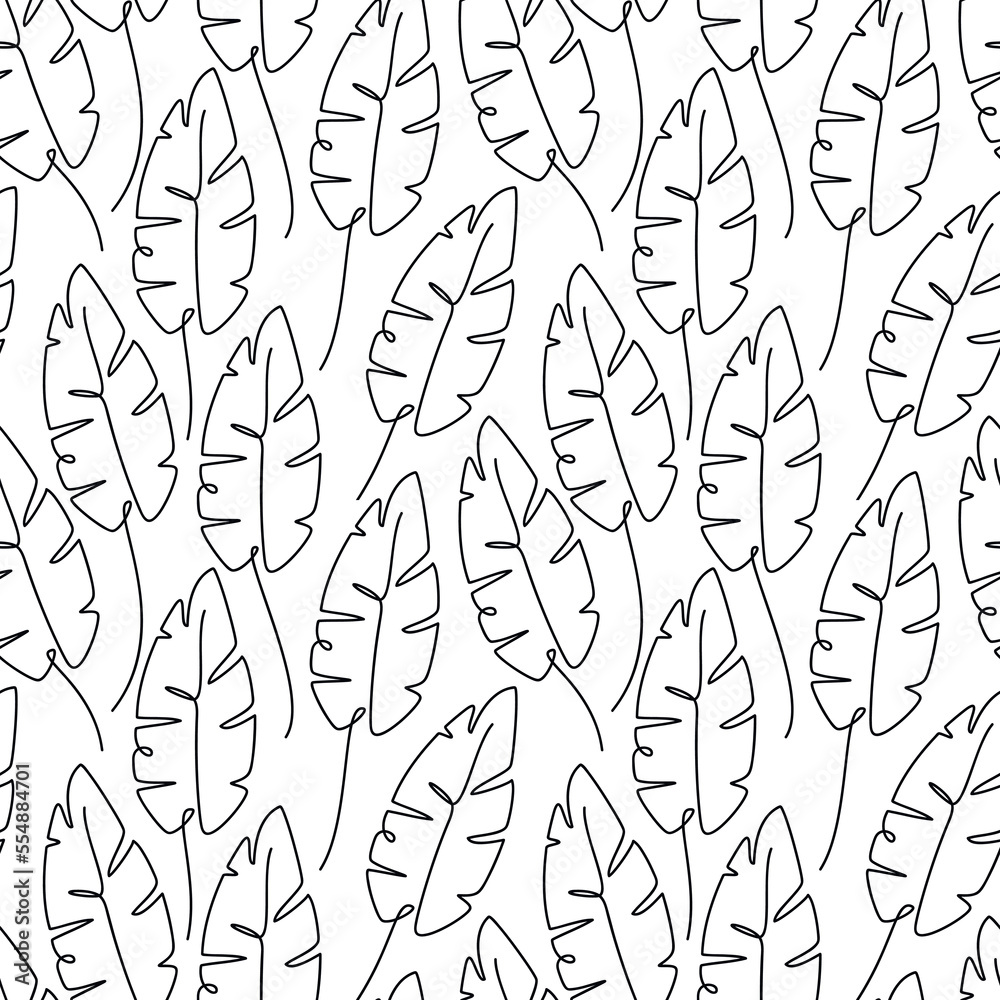 Fototapeta premium Outline banana leaves seamless pattern vector. Abstract line floral illustration. Botanical linear backdrop. Wallpaper, background, fabric, textile, print, wrapping paper, package design.
