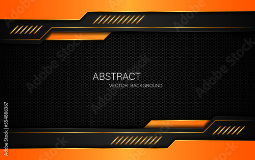 Abstract black and orange polygon with golden lines on dark steel mesh background with free space for design. modern technology innovation concept background
