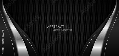 Abstract black and silver curves with silver lines on dark steel mesh background. with free space for design. modern technology innovation concept background
