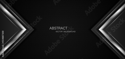 Abstract black and silver polygons on dark steel mesh background. with free space for design. modern technology innovation concept background

