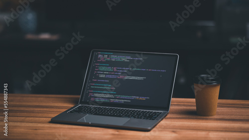 Laptop screen display script code, compiler, encode, debug, developer application software for business corporate with laptop computer. Instruction Set of Programming coding web app from work at home.