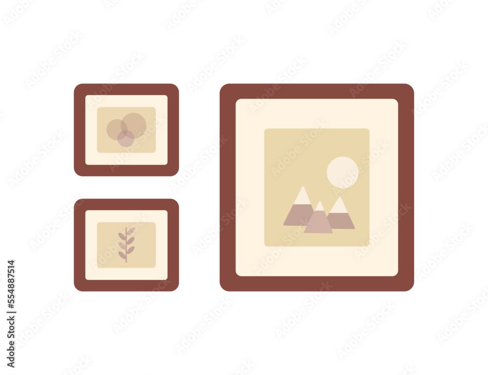 Pictures in frames on white background. Home interior concept. Cartoon flat style. Vector illustration Pictures in frames on white background. Home interior concept. Cartoon flat style. Vector illustration