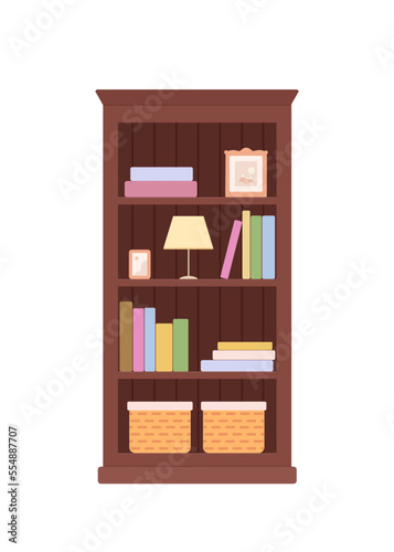 Mahogany bookcase with books isolated on white background. Home interior concept. Cartoon flat style. Vector illustration
