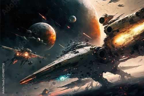 Print op canvas Sci-fi scene of space ships in battle,, battlecruisers and fight ships epic batt