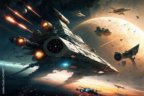 Fototapeta Sci-fi scene of space ships in battle,, battlecruisers and fight ships epic batt