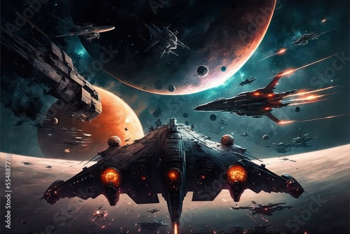 Fotografiet Sci-fi scene of space ships in battle,, battlecruisers and fight ships epic batt