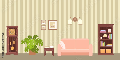 Cozy living room with mahogany bookcase, pink sofa and grandfather clock. Home interior concept. Cartoon flat style. Vector illustration