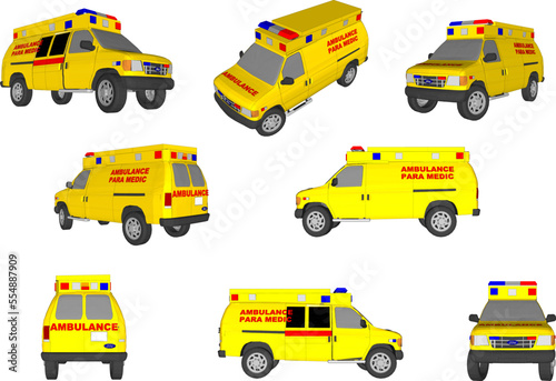 set of yellow cars hospital ambulance vector design