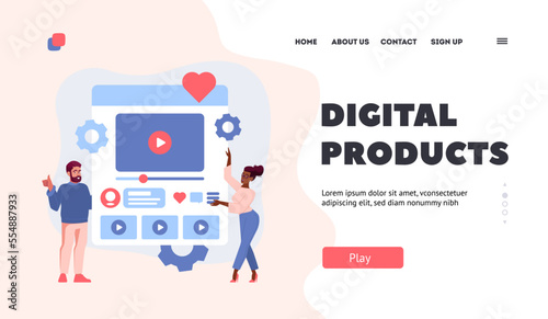 Digital Product Landing Page Template. Web Designers Working On Website Or Application Interface, Develop Ux Design