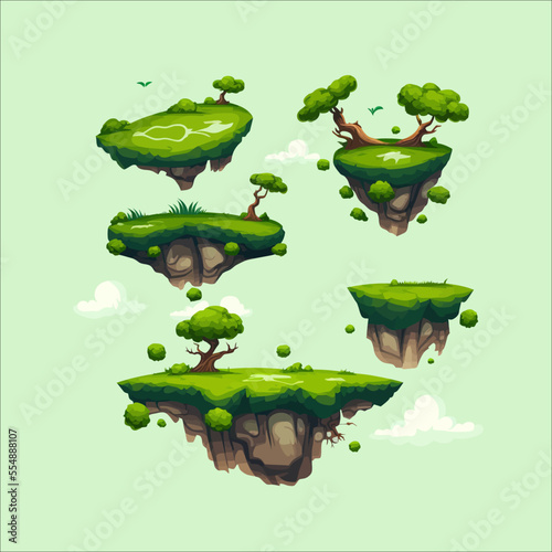 Green rocky flying island Isolated on background. Cartoon flat vector illustration