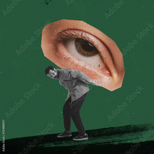 Contemporary art collage. Conceptual image. Man carrying human eye on his back. Social pressure and influence