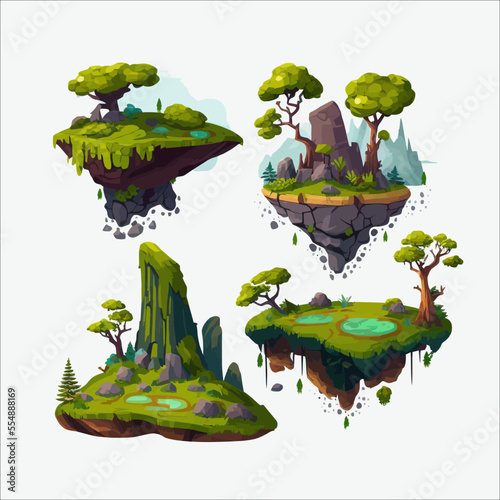 Green rocky flying island Isolated on background. Cartoon flat vector illustration
