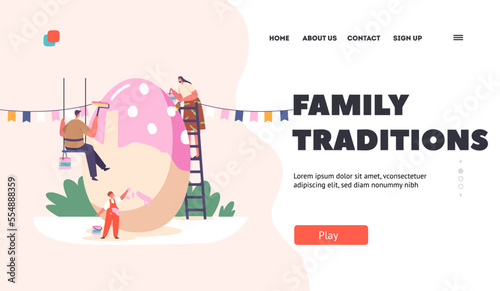 Family Traditions Landing Page Template. Tiny Mother, Father and Little Boy Painting Huge Egg for Spring Holiday