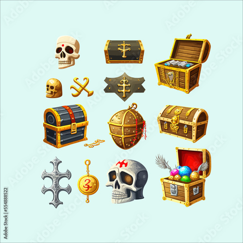 Game reward rare treasure chests Isolated on background. Cartoon flat vector illustration