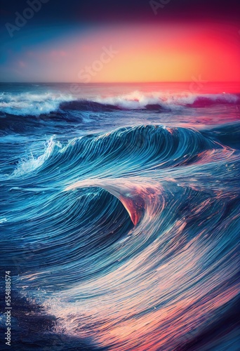 Beautiful powerful ocean waves on sunset. Coloring sunrise. Splashing wave in front of orange sunset sky background. AI generated art. © fomichovaolena
