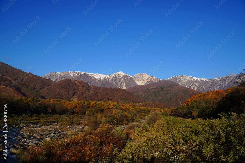 白馬大橋から眺めた秋の北アルプス