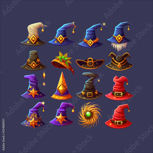 Magic witch hats, wizard caps for Halloween Isolated on background. Cartoon flat vector illustration