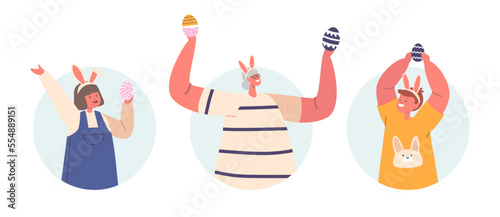 Senior Woman and Children with Painted Eggs Isolated Round Icons or Avatars. Happy Family Easter Holiday Celebration