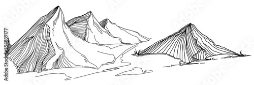 Hand sketch of winter mountains. Mountains sketch on a white background. Snowy mountain peaks and Shapes For Logos