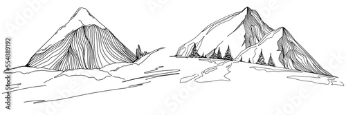 Hand sketch of winter mountains. Mountains sketch on a white background. Snowy mountain peaks and Shapes For Logos