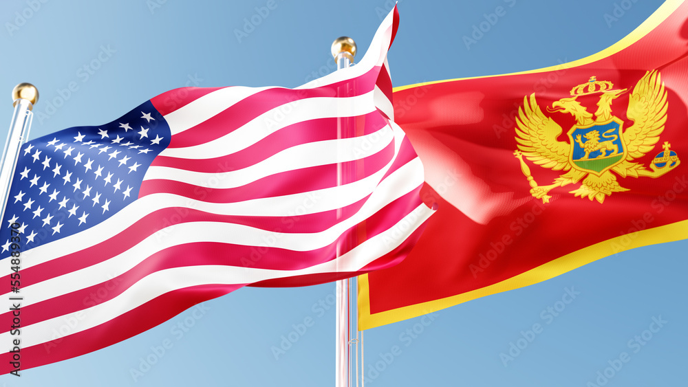 usa and montenegro flags waving in the wind against a blue sky. America, Podgorica national symbols 3d rendering