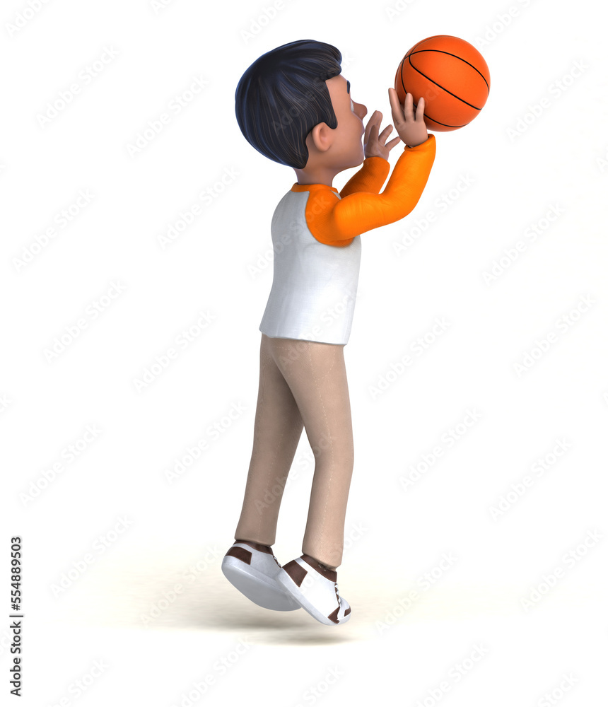 Fun 3D cartoon boy playing basketball