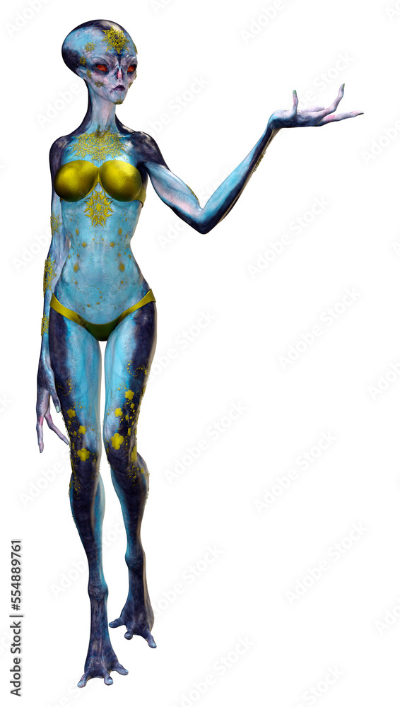 3D Rendering Blue Female Alien on White 3D Rendering Blue Female Alien on White