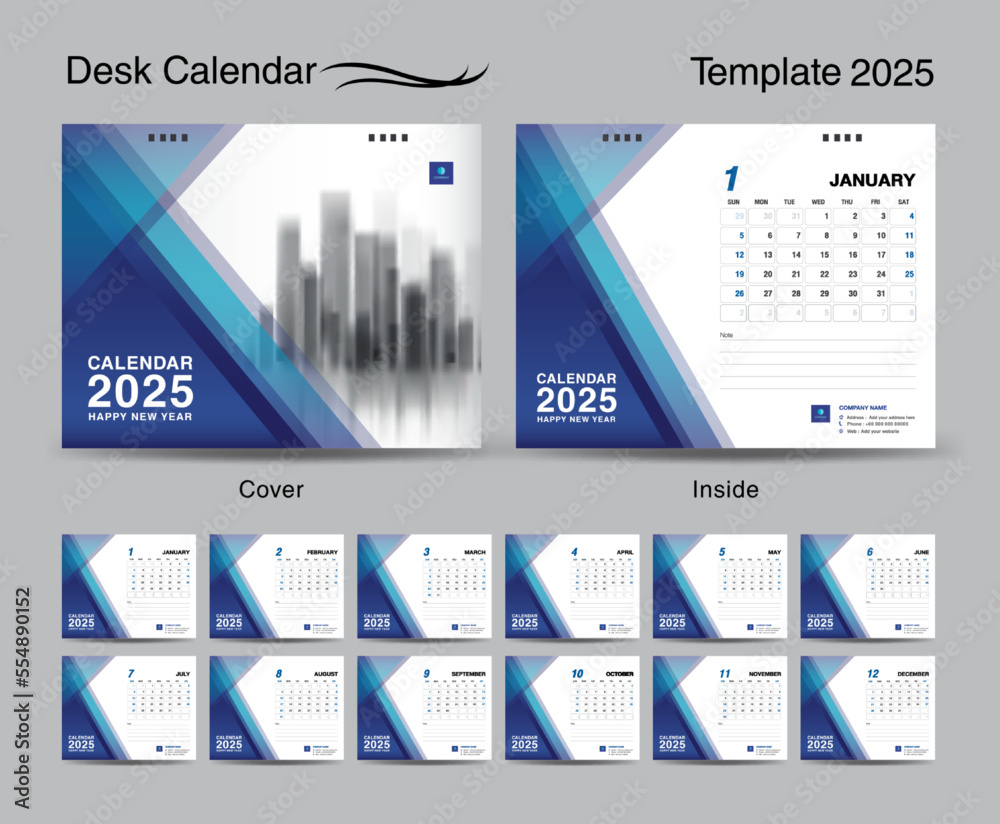 Desk Calendar 2025 template set and Blue polygon cover design, Set of ...