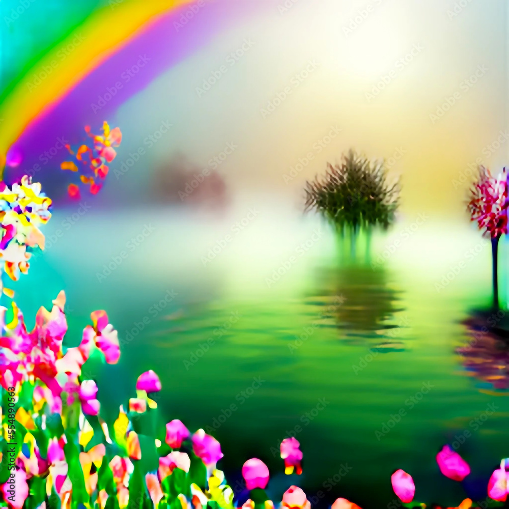 Rainbow color forest with lake, fantasy location - Generative AI - Abstract Illustration