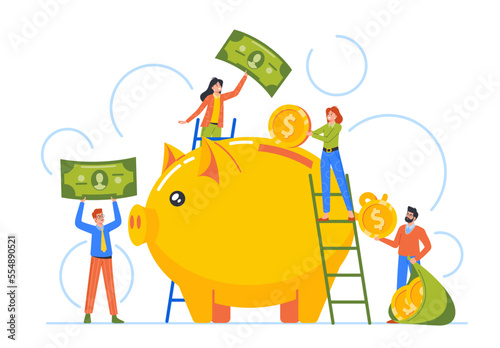 Tiny Characters Put Money into Huge Piggy Bank. Concept of Deposit, Finance Savings, Banking Investment, Budget Planning