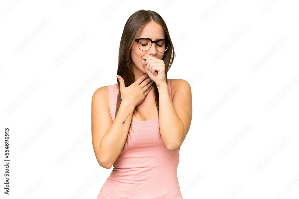 Young pretty caucasian woman over isolated background coughing a lot Young pretty caucasian woman over isolated background coughing a lot