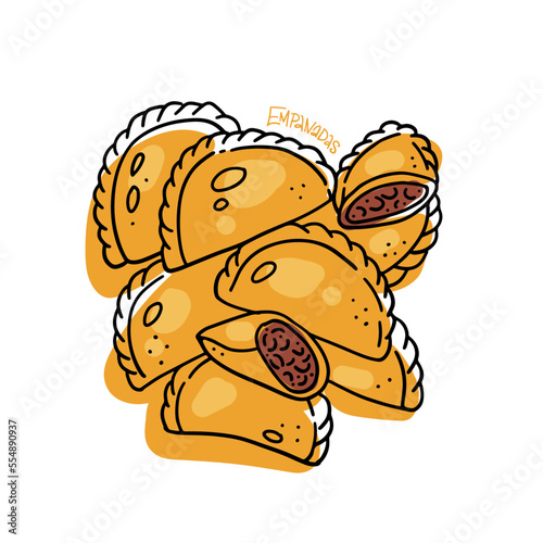 Mexican Empanadas isolated sublimation print concept. Half of broken dumpling with stuffing close-up. Vector linear hand drawing Latin American food in doodle style with color abstract shape.