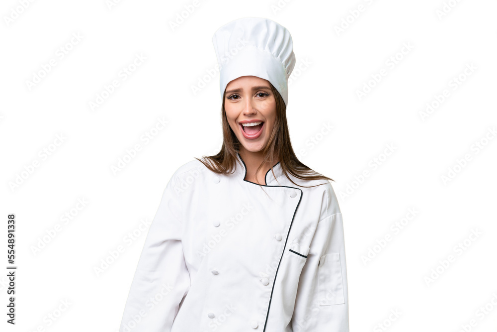 Young chef caucasian woman over isolated background with surprise facial expression Young chef caucasian woman over isolated background with surprise facial expression