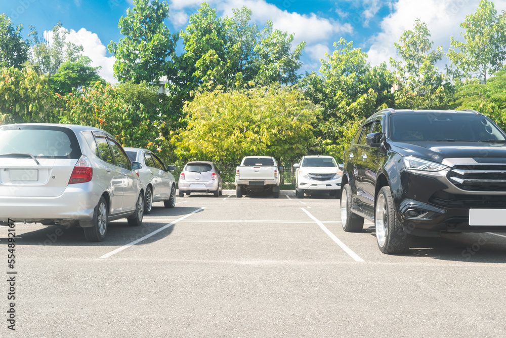 Car parked in asphalt parking lot and one empty space parking  in nature with trees and mountain background .Outdoor parking lot with fresh ozone and green environment concept