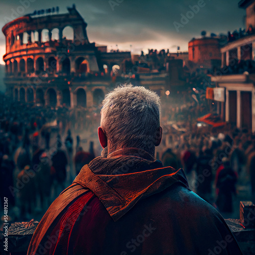 A man, stands in front of the crowd moments before starting a revolution with the City in the background. Generated by AI